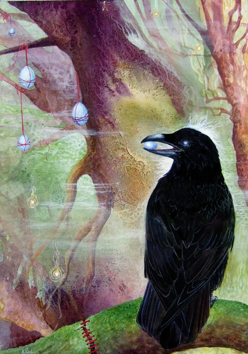 When Ravens Dream painting in acrylic ink and watercolour, by ?Helen Frost Rich