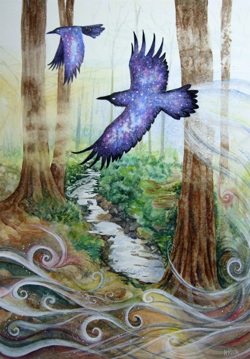 Watercolour of a cosmic raven silhouetted against a woodland scene by Helen Frost Rich